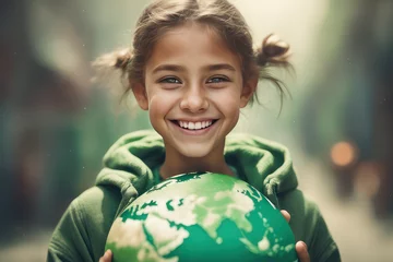 Fotobehang smiling girl next to planet earth, climate change, environment concept, generative AI  © João Macedo