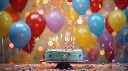 birthday party balloons, colourful balloons background and birthday cake with candles- generative AI