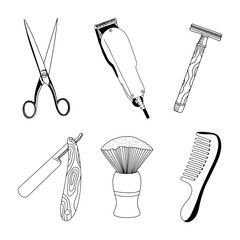 Hairdressers tools and barbershop set of vector black and white style objects, design elements in retro style. Barber shop equipment scissors, shaving brush, modern razor and old blade, barber pole