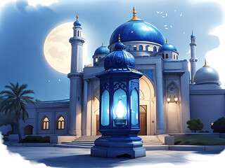 arabic lantern  background illustration,moon light shine through the window into islamic mosque interior - obrazy, fototapety, plakaty