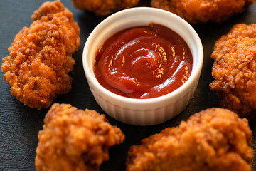 Crispy fried breaded chicken strips with red sauce on a dark background