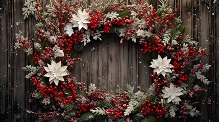 Fototapeta premium a wreath with red berries and white flowers on a wooden background. generative ai