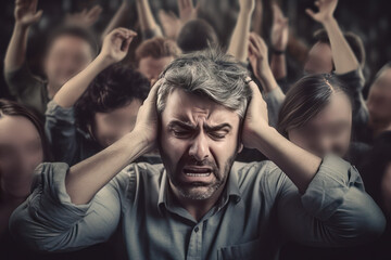 Stressed man is covering his ears as people with blurred faces are dancing in background. Concepts of social anxiety and stress. - obrazy, fototapety, plakaty