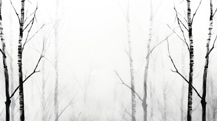  a black and white photo of trees in a foggy forest.  generative ai