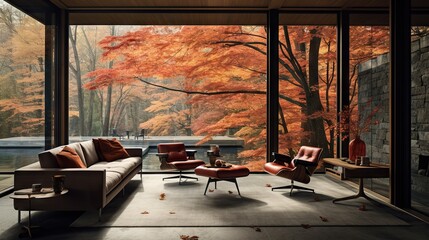  a living room filled with furniture next to a window covered in fall leaves.  generative ai