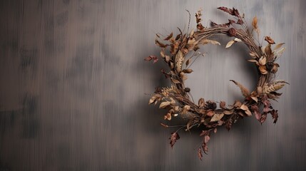  a dried wreath on a wooden wall with a dark background.  generative ai
