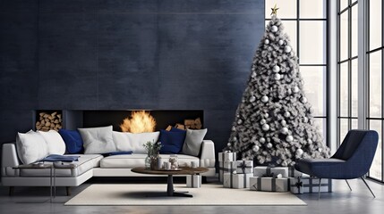  a living room decorated for christmas with a christmas tree in the corner.  generative ai