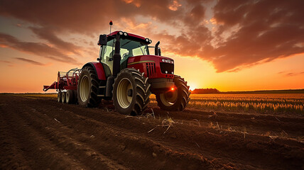 Red big tractor parked on the field in the sunset.