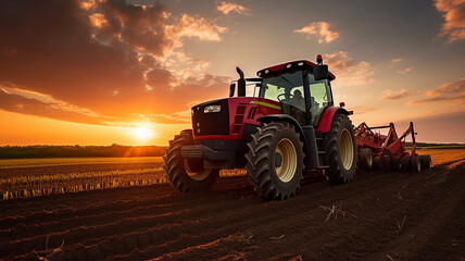 Red big tractor parked on the field in the sunset. - obrazy, fototapety, plakaty