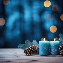 blue Christmas candle on rustic wooden boards - Decoration with natural elements, twigs, pine cones and cookies - First Advent Sunday , Advent banner, panorama with magic bokeh lihgts- generative AI