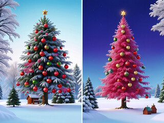 Vibrant and Festive Christmas Cards with Beautifully Decorated Trees Generative AI