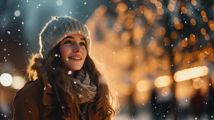 Poster Female smiling in the winter background, happy woman in christmas and snowy landscape © AdamantiumStock