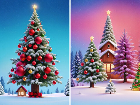 Vibrant and Festive Christmas Cards with Beautifully Decorated Trees Generative AI