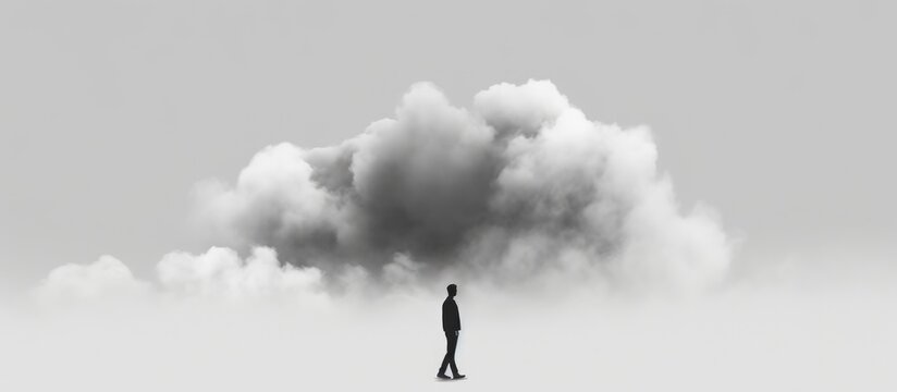 Surreal minimal concept Black and white man with cloud wrapped head walking