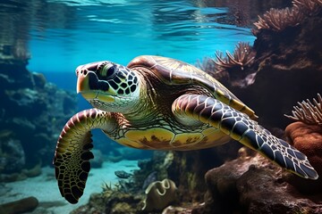 Sea Turtle Swimming in the clear sea ocean water HD with sunlight