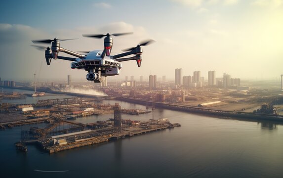 Drone flies over oil refinery and river, drone surveillance an industrial area, quadcopter with high resolution digital camera on sky with new technology trends Generative AI