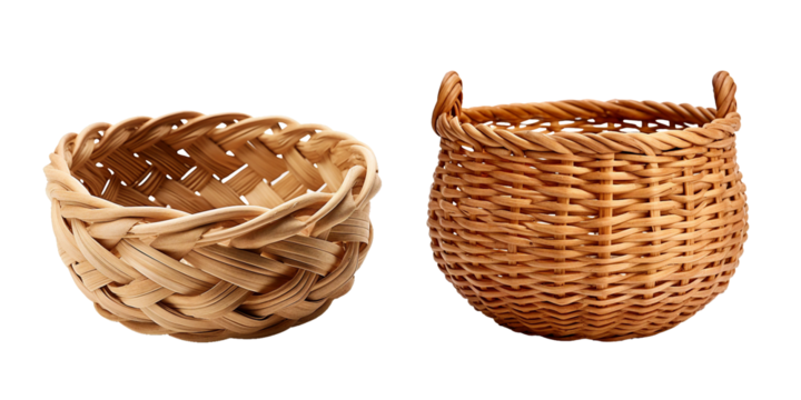 Hand woven basket, transparent background, isolated image, generative AI
