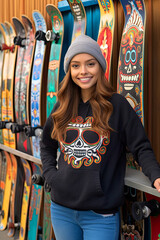 Fototapeta premium a photo of young american skate board lady, mexican pattern wall art