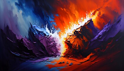 Fusion of opposites a scene where fire and ice unite in a passionate embrace Picture a raging inferno of red and orange flames intertwining with a fierce glacier of blues and purples creating a  - obrazy, fototapety, plakaty