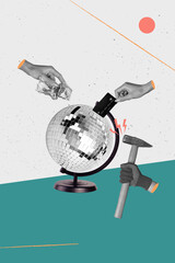 Collage 3d image of pinup pop retro sketch of discoball dance floor hands hold hammer hundred...