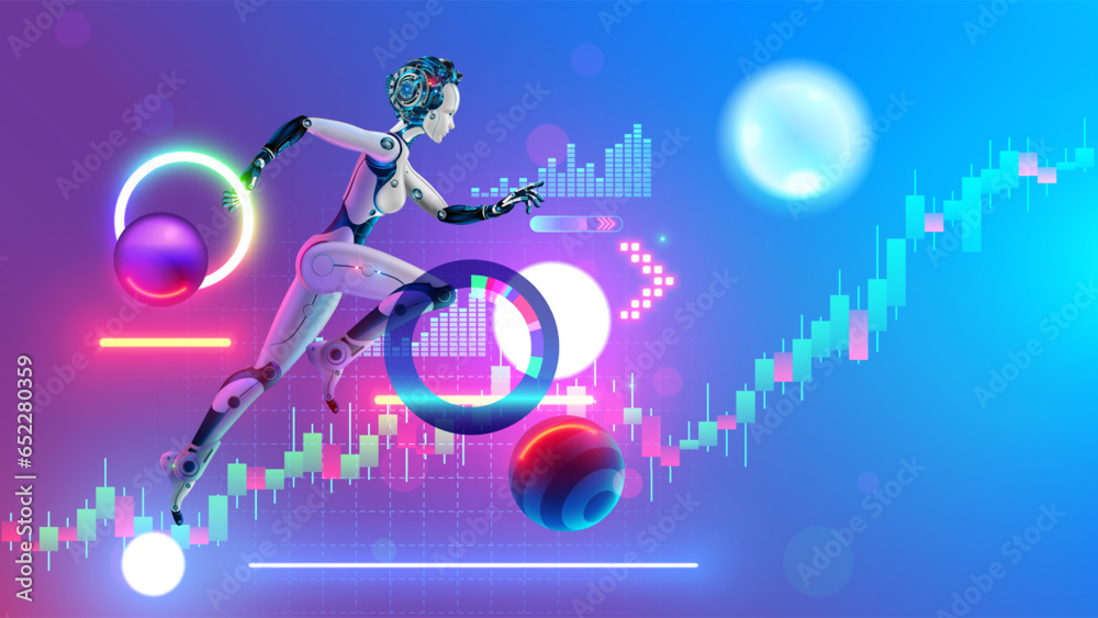Poster Robot AI trader running on business chart of growth stock exchange market. Woman robot trader assistant on forex market. Automated trading system. AI technology of analysis investment fund data.