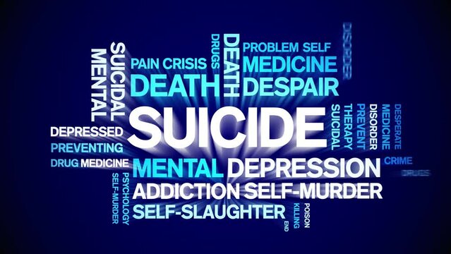 Suicide animated tag word cloud;text design animation kinetic typography seamless loop.
