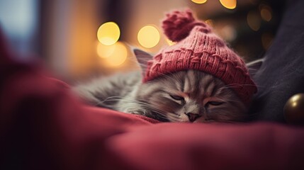 Beautiful siberian cat in red christmas hat sleeping on sofa at home