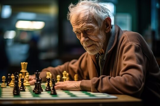 Senior Man Playing Chess, Elderly Man Playing Chess, Strategic Board Game, Mental Exercise In Old Age, Senior Leisure Activities