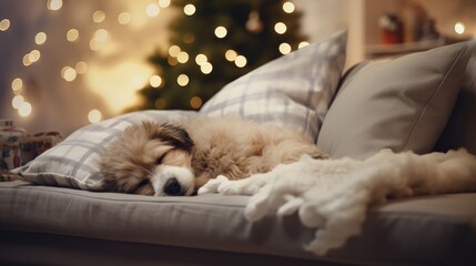 Cute dog sleeping on sofa in room with Christmas tree and lights