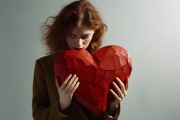 Mental health, Depression, Loss and disappointment, Concept of woman hugging a broken heart, Heartbroken, Hurt, Sad mood, Generative AI illustration