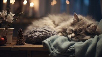 Cute cat sleeping on sofa in living room at christmas time