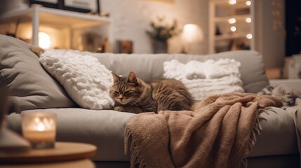 Cute cat sleeping on sofa in living room at christmas time