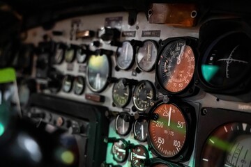 Cockpit control panel of an old airplane - Powered by Adobe