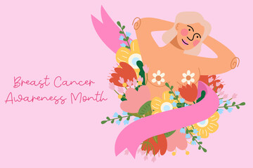 Breast Cancer Awareness Month.Illustration with Ribbon Pink and Woman for Disease Prevention Campaign or Healthcare
