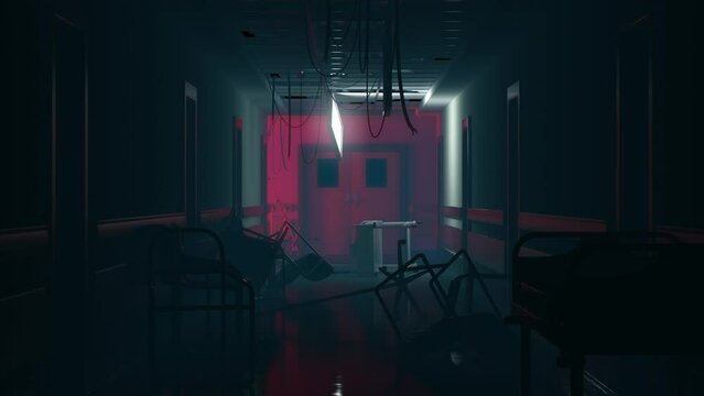 Vertigo effect as camera progresses through a haunting mental ward corridor, disturbed setting, Halloween mood.