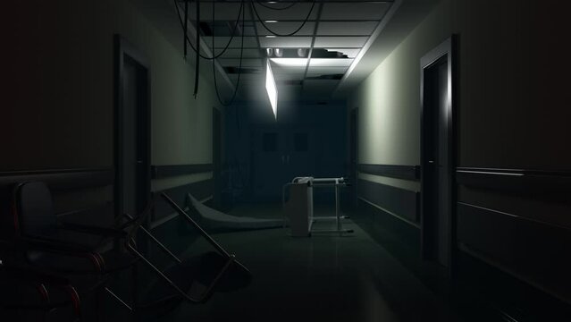 Disturbing scene in a dark asylum hallway with toppled beds and spooky ambient light.