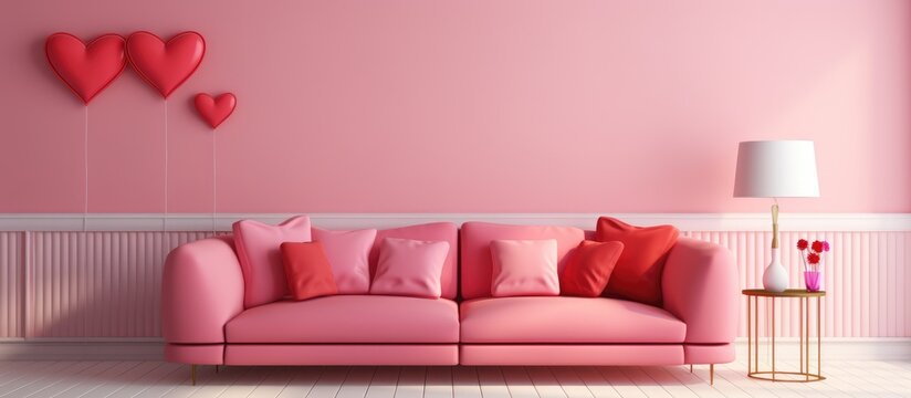 Valentine s themed living room with pink sofa red partition heart decorations on wall interior design