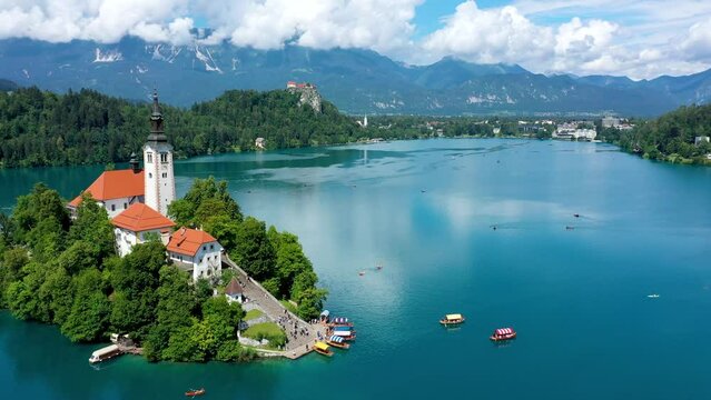 Lake Bled in Slovenia. Beautiful mountains and Bled lake with small Pilgrimage Church. Bled lake and island with Pilgrimage Church of the Assumption of Maria. Bled, Slovenia, Europe.