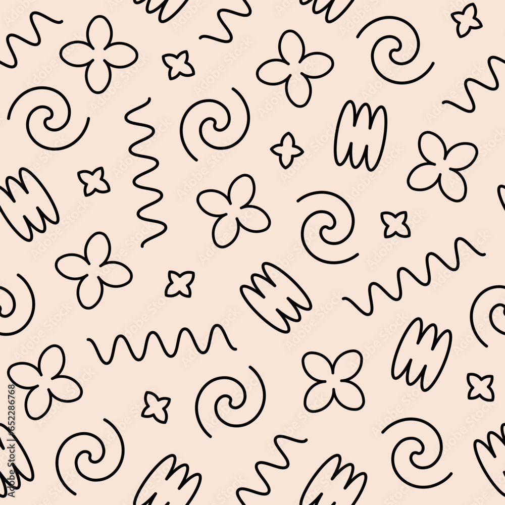 Poster Abstract seamless pattern of linear doodles shapes. Creative background with trendy basic shapes. Vector illustration