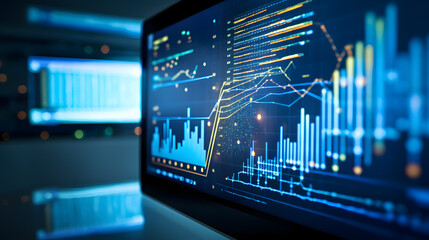 Explore the precision of data analytics in this photograph featuring a close-up of a computer screen displaying detailed data points and statistical models. - obrazy, fototapety, plakaty