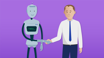 AI artificial intelligence enhancing jobs, helping workers concept. Shaking hands. Making work life better and easier. Simple flat vector characters. Easy to edit flat modern trendy style.