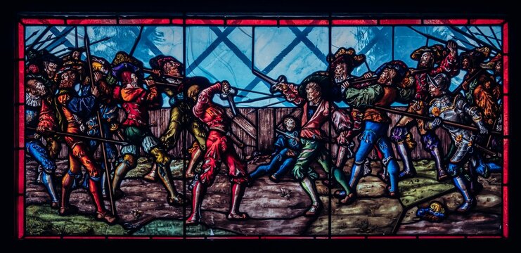 Illustration of two emperors locked in a fierce battle, depicted in a stained glass window