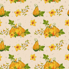 Watercolor autumn pattern with pumpkins and flowers. Autumn bright pumpkin design for thanksgiving day. Pumpkin flowers, leaves and twigs. Design on a beige background.