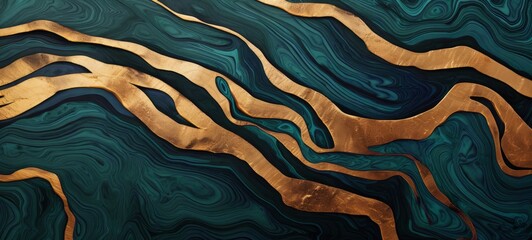 Abstract marbled ink painted painting texture background banner illustration - Turquoise green waves swirls gold painted splashes 3d lines - obrazy, fototapety, plakaty