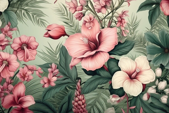 Art floral tropic wallpaper summer blossom vintage seamless print pattern exotic jungle