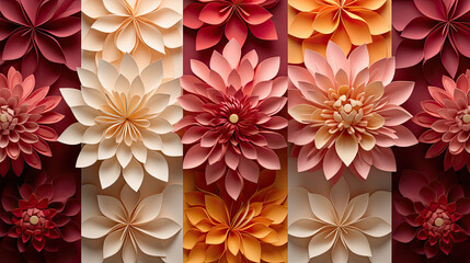  paper flowers made with a pencil and a ruler, in the style of light orange and dark red, colorful animations, vibrant murals, mughal art, pink and maroon