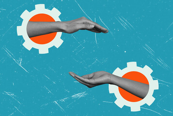 Contemporary art collage, women's palms opposite each other emerge from sixes on a blue background.