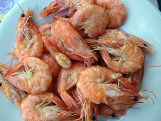 Top view of a plate of delicious, fresh shrimp