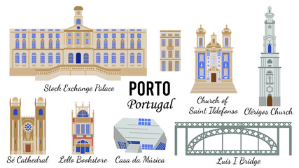 Sights of Porto Portugal  Stock Exchange Palace, Casa da Musica, Della Bookstore, Sé Cathedral, Clérigos Church, Church of Saint Ildefonso. Flat-style illustration for designing souvenir postcards.