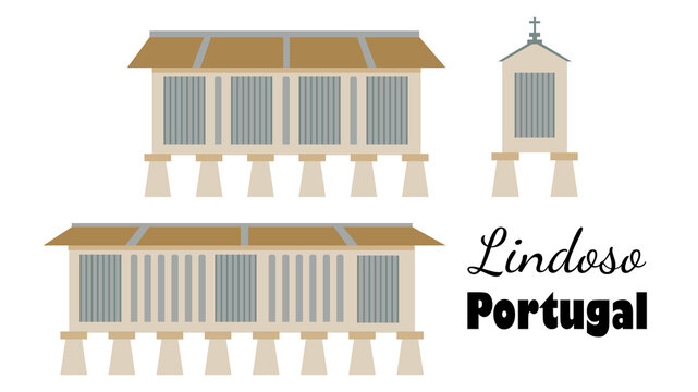 Lindoso granary in Peneda Ger&ecirc;s National Park, Portugal. Ancient barns raised above the ground to protect the grain from rodents. Flat-style illustration for souvenir postcards.